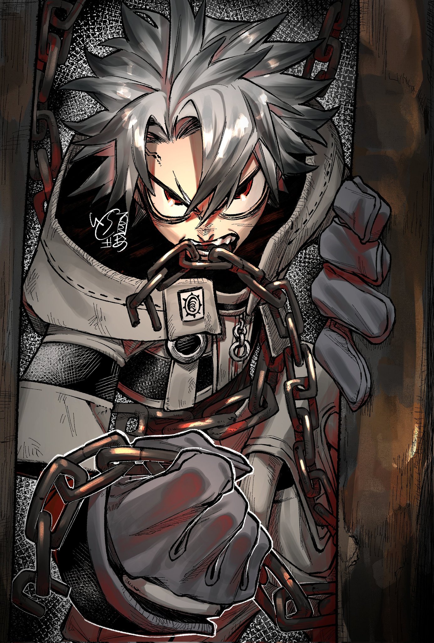 ganagoa, rudo surebrec, gachiakuta, highres, 1boy, biting, chain, gloves, grey gloves, grey hair, grey pants, grey vest, looking at viewer, mouth hold, pants, parted bangs, pouch, red eyes, solo, undershirt, vest