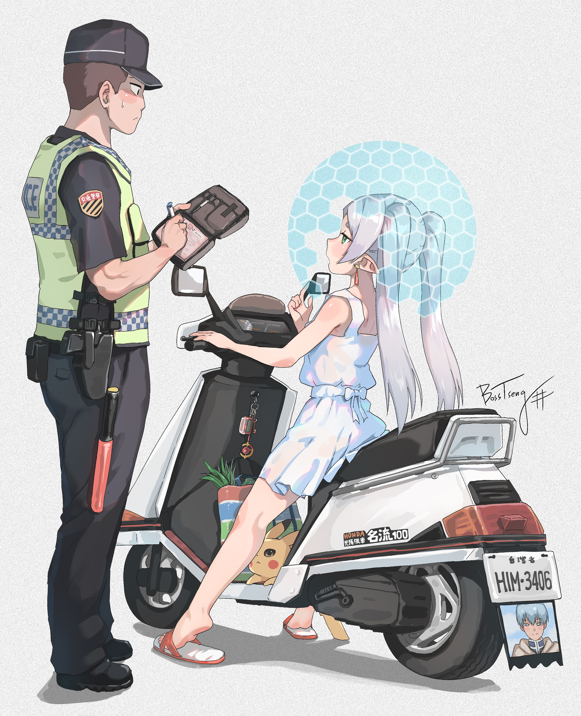bosstseng, frieren, himmel (sousou no frieren), pikachu, honda, nintendo, pokemon, pokemon (anime), sousou no frieren, chinese commentary, commentary request, highres, 1boy, 1girl, artist name, bare arms, bare legs, bare shoulders, baton (weapon), black pants, black shirt, black shoes, blue eyes, blue hair, brown hair, cape, dress, earrings, elf, energy barrier, from side, gen 1 pokemon, green eyes, grey hair, gun, handgun, hat, holding, holding pen, holster, holstered, japan national police, jewelry, license plate, magic, motor vehicle, motorcycle, on motorcycle, on scooter, pants, parted bangs, pen, pointy ears, pokemon (creature), police, police hat, police uniform, policeman, scooter, shirt, shoes, short hair, signature, sleeveless, sleeveless dress, slippers, sundress, sweatdrop, teardrop earrings, toes, traffic officer, twintails, weapon, white dress