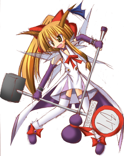 ichidai taisa, ibuki suika, touhou, 1girl, bow, female focus, gloves, hammer, orange hair, ribbon, sign, solo, thighhighs