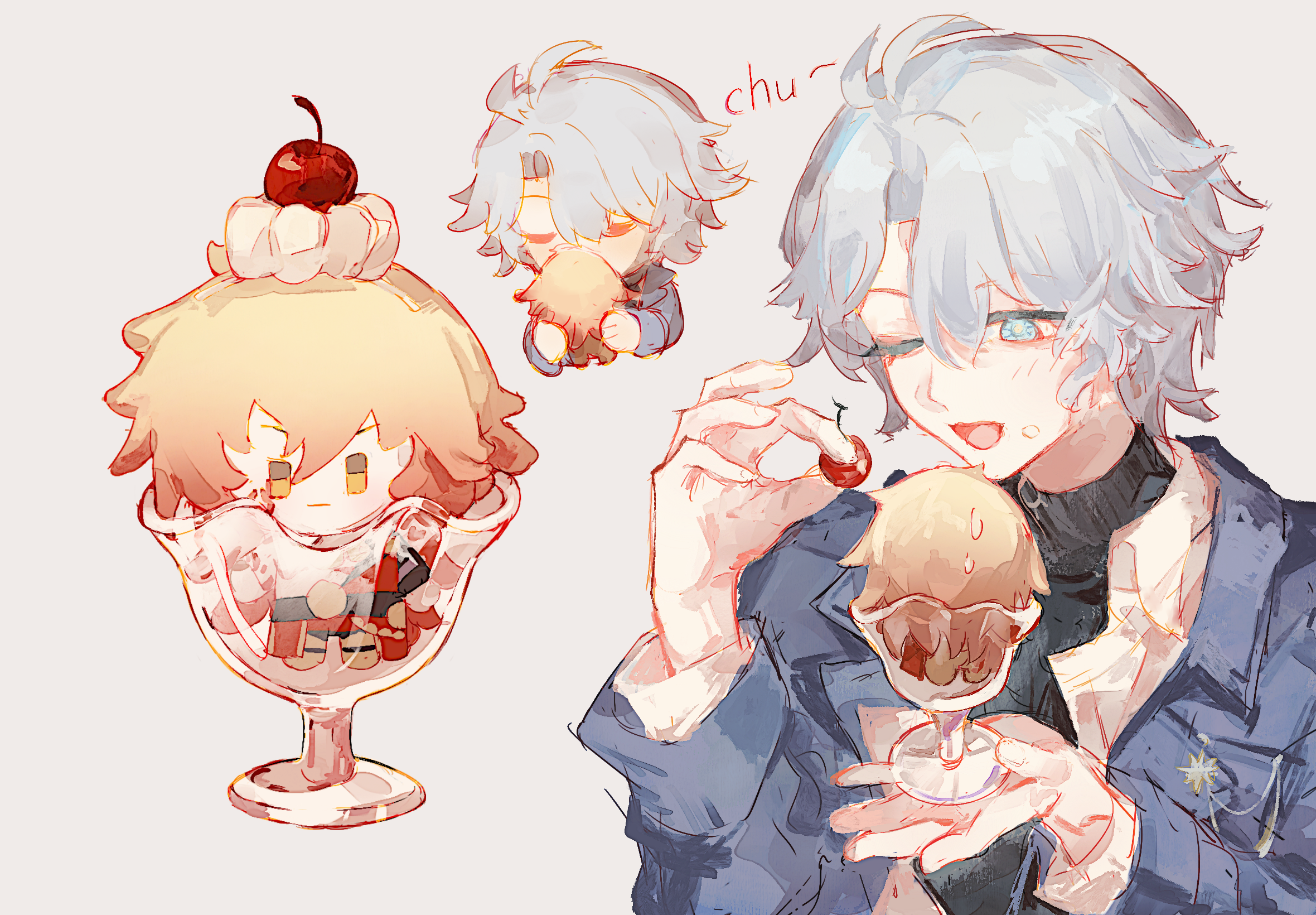 mydei (honkai: star rail), phainon (honkai: star rail), honkai: star rail, honkai (series), chinese commentary, commentary request, highres, 1boy, antenna hair, black sweater, blue coat, blue eyes, character doll, coat, collared shirt, doll, gua6712327, implied yaoi, male focus, object kiss, official alternate costume, parted bangs, phainon (luckin coffee) (honkai: star rail), shirt, short hair, solo, sweater, turtleneck, turtleneck sweater, white hair, white shirt