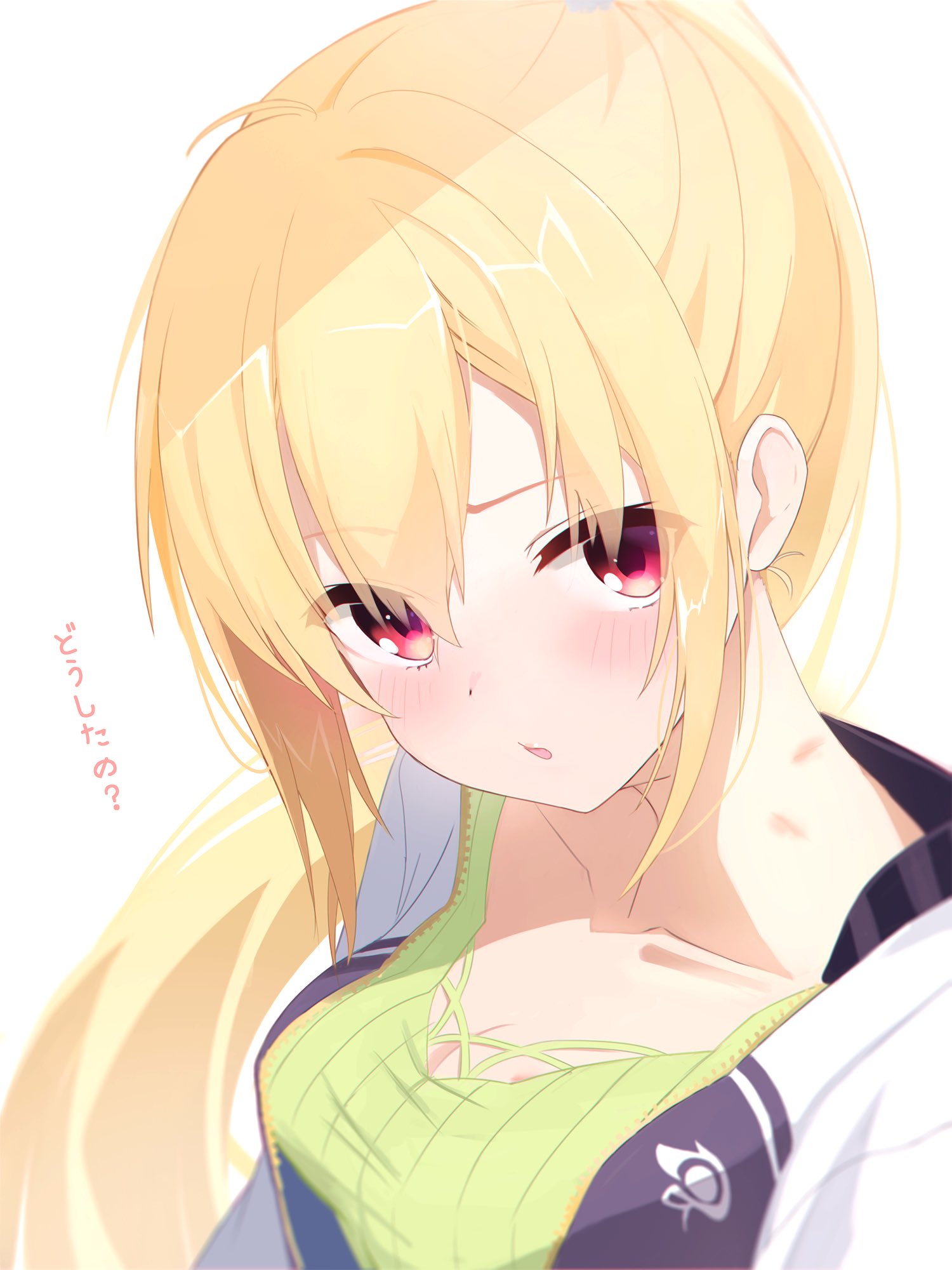 doruzou18, arihara nanami, riddle joker, commentary request, highres, translated, 1girl, ahoge, blonde hair, blush, breasts, casual, cleavage, collarbone, eyes visible through hair, green shirt, hair between eyes, hickey, jacket, large breasts, nape, open clothes, open jacket, parted lips, ponytail, red eyes, shirt, sidelocks, simple background, solo, upturned eyes, white background, white jacket