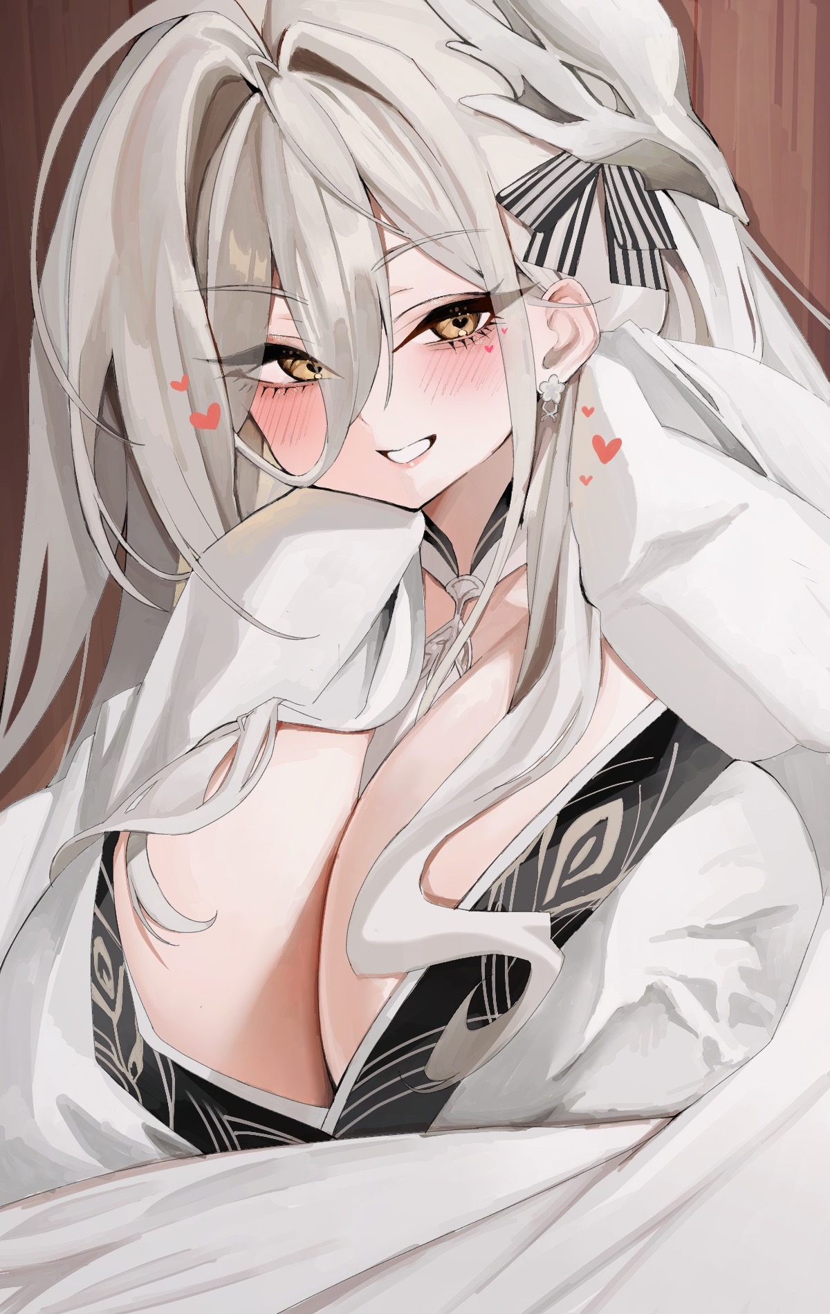 ichigo moka, hakuhou (azur lane), azur lane, highres, 1girl, blush, breasts, cleavage, earrings, flower earrings, hair intakes, heart, huge breasts, japanese clothes, jewelry, kimono, long bangs, looking at viewer, parted lips, smile, solo, upper body, white hair, white kimono, yellow eyes