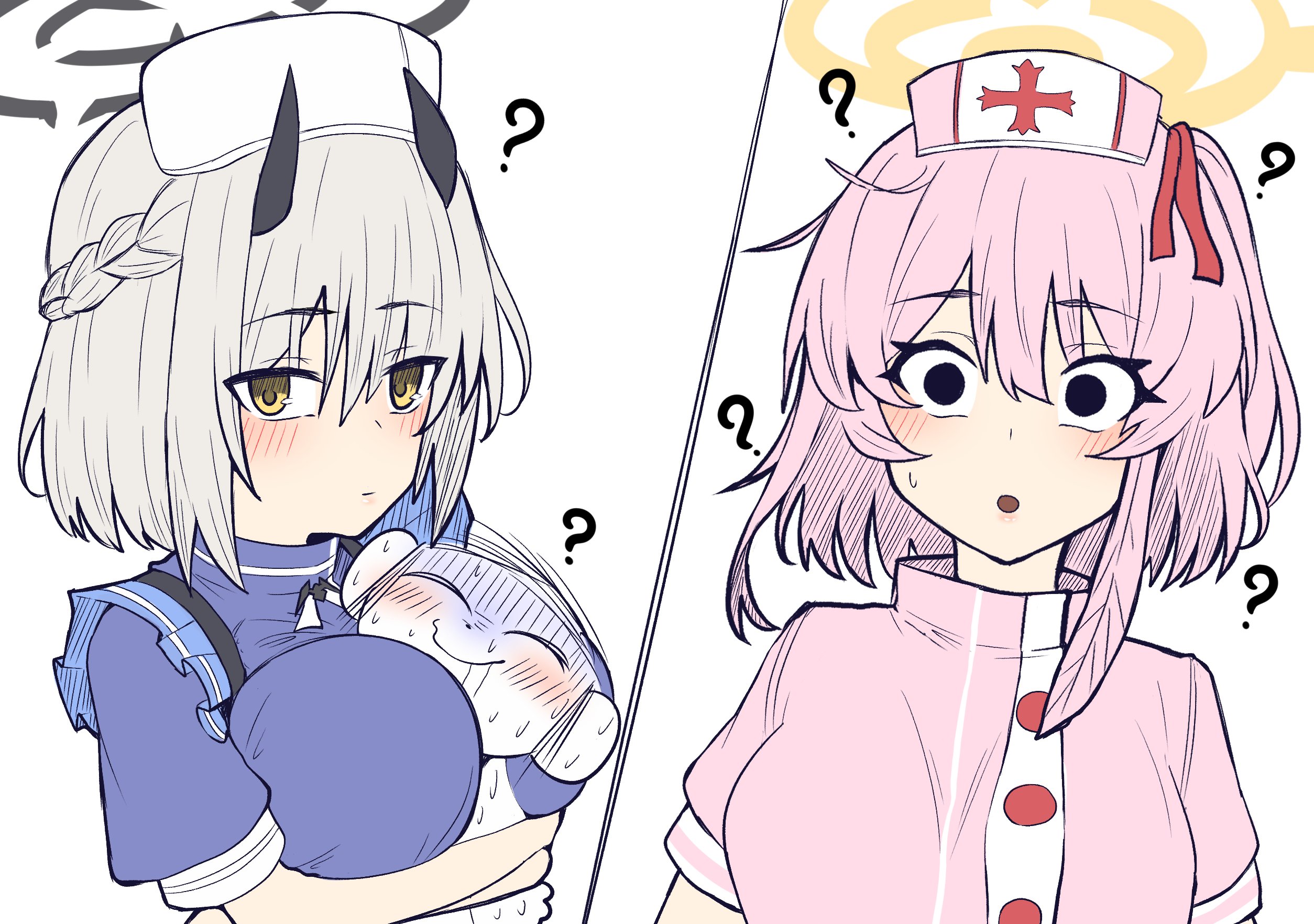 shuttisss, doodle sensei (blue archive), sena (blue archive), sensei (blue archive), serina (blue archive), serina (nurse) (blue archive), blue archive, commentary, highres, 1boy, 2girls, ?, between breasts, black horns, blue dress, blush, braid, breasts, caught, demon horns, dress, drooling, empty eyes, feather hair, frills, grey hair, grey halo, hair ribbon, halo, hat, horns, large breasts, multiple girls, multiple views, nurse, nurse cap, official alternate costume, one side up, pink dress, pink hair, pink hat, puffy short sleeves, puffy sleeves, red ribbon, ribbon, short sleeves, sweat, sweatdrop, white hat, yellow eyes, yellow halo