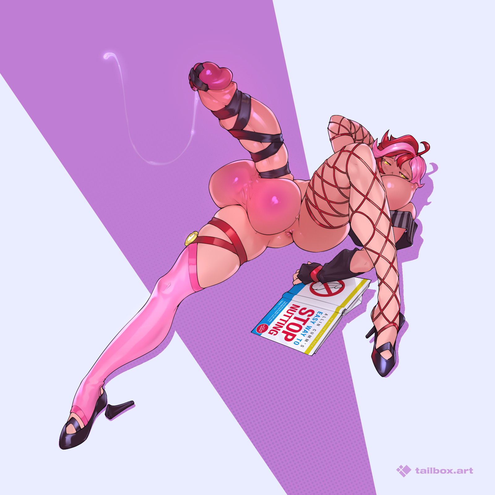 tailbox, original, highres, 1girl, ahoge, anus, artist name, asymmetrical legwear, book, breasts, broken high heel, english text, fishnet gloves, fishnet thighhighs, fishnets, full body, futanari, gigantic penis, gloves, huge testicles, large breasts, multicolored hair, orange hair, penis, short hair, streaked hair, testicles, thighhighs