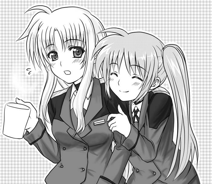 yuki mashiro, fate testarossa, takamachi nanoha, lyrical nanoha, mahou shoujo lyrical nanoha, mahou shoujo lyrical nanoha strikers, 00s, 2girls, blush, closed eyes, cup, greyscale, happy, hug, long hair, military, military uniform, monochrome, mug, multiple girls, school uniform, serafuku, side ponytail, smile, surprised, sweatdrop, twintails