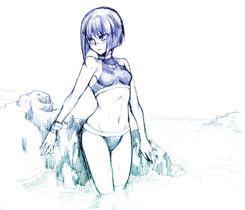 tenkuu sphere, tsumura tokiko, busou renkin, lowres, 00s, 1girl, bikini, blue theme, bob cut, female focus, monochrome, short hair, solo, swimsuit, toned, toned female