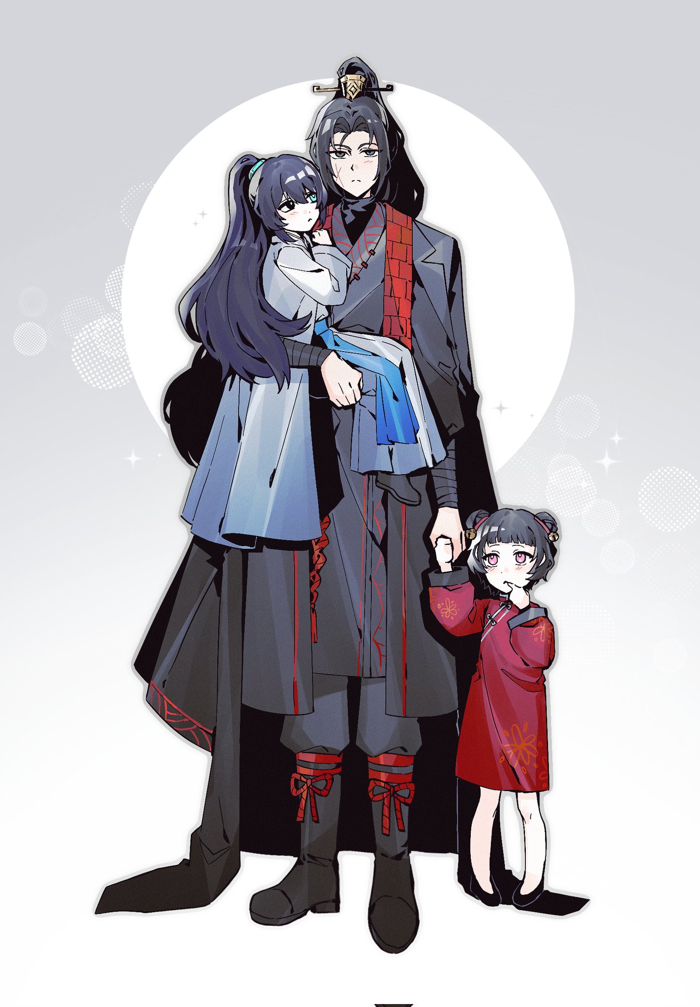 nana nana bot, hong lu (project moon), jia qiu (project moon), jia xichun (project moon), limbus company, project moon, highres, 1girl, 2boys, :<, aged down, black coat, black eyes, black hair, black hanfu, black shoes, blue eyes, blue hanfu, blue sash, chinese clothes, coat, coat on shoulders, double bun, dress, full body, grey eyes, hair bun, hanfu, heterochromia, high ponytail, holding, holding hands, long hair, long sleeves, looking at another, looking at viewer, multicolored hair, multiple boys, pink eyes, ponytail, red dress, red scarf, sash, scar, scar on face, scarf, shoes, siblings, simple background, standing, streaked hair