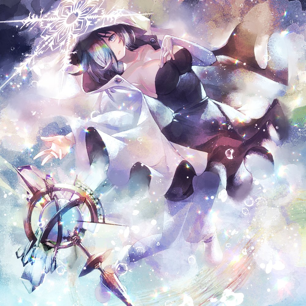 kokuzu, mementomori (game), commission, second-party source, skeb commission, 1girl, aqua hair, black dress, blue eyes, breasts, cleavage, cloak, dress, hair over one eye, hand on own chest, hood, hood up, hooded cloak, huge breasts, lunalynn (mementomori), pantyhose, shoes, snowflakes, solo, sparkle, wand, white cloak