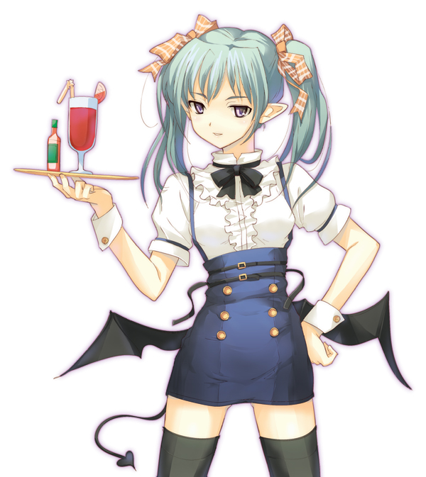 dasoku sentarou, original, bat wings, black thighhighs, cowboy shot, cup, demon girl, drinking glass, hand on own hip, low wings, pointy ears, simple background, solo, thighhighs, twintails, waitress, white background, wings, zettai ryouiki