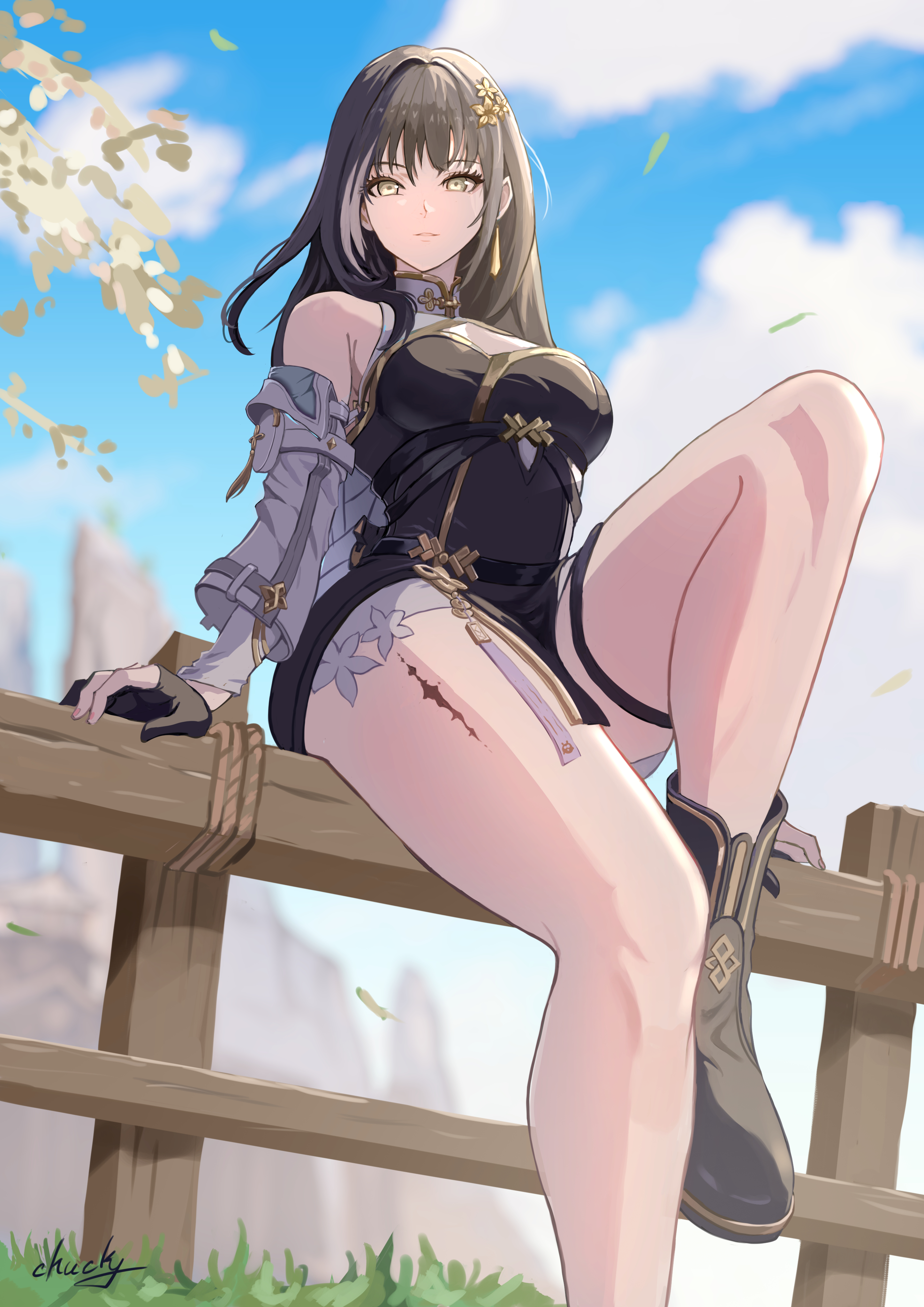 chucky (chucky1000sun), baizhi (wuthering waves), wuthering waves, absurdres, commentary, highres, 1girl, bare shoulders, black boots, black dress, black gloves, black hair, blue sky, boots, breasts, collar, day, detached sleeves, dress, earrings, flower, foot out of frame, gloves, hair flower, hair ornament, jewelry, light smile, long hair, medium breasts, multicolored hair, outdoors, parted lips, partially fingerless gloves, signature, sitting, sky, solo, streaked hair, tacet mark (wuthering waves), thigh strap, thighs, white collar, white sleeves, yellow eyes