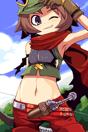 minami juujisei, ranger, ranger (sekaiju), ranger 2 (sekaiju), atlus, etrian odyssey, lowres, 1girl, armpits, brown hair, female focus, flat chest, gloves, grin, hat, oekaki, one eye closed, purple eyes, smile, solo, wink