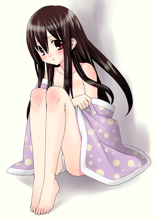 akito (ao's club), akito (artist), komori kiri, original, sayonara zetsubou sensei, 00s, 1girl, bad anatomy, bad feet, barefoot, blanket, brown hair, feet, female focus, pale skin, poorly drawn, red eyes, solo