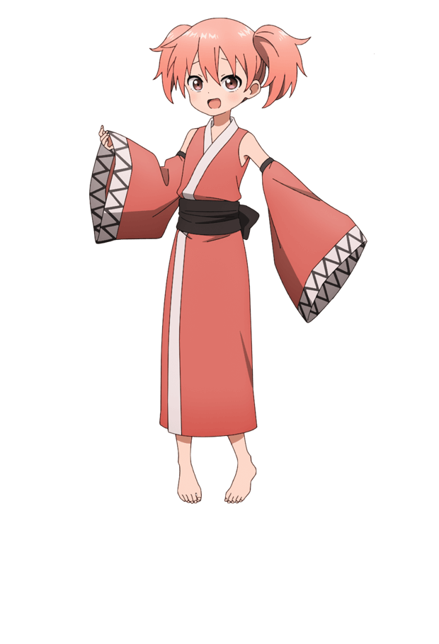 okuda yousuke, ume (kunoichi tsubaki no mune no uchi), kunoichi tsubaki no mune no uchi, official art, 1girl, :d, anime coloring, barefoot, black sash, blush, breasts, brown eyes, detached sleeves, flat chest, full body, hair between eyes, hand up, hands up, japanese clothes, kimono, leg up, long sleeves, looking at viewer, obi, open mouth, outstretched arms, sash, short hair, simple background, sleeveless, sleeveless kimono, smile, solo, standing, tachi-e, transparent background, twintails, waraji, wide sleeves