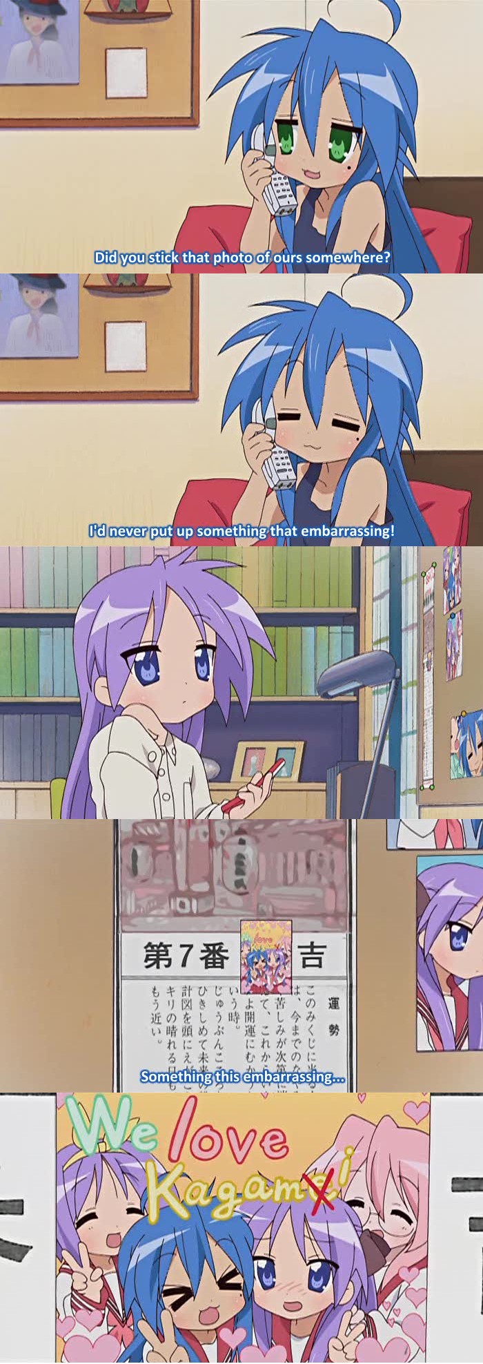 hiiragi kagami, hiiragi tsukasa, izumi konata, takara miyuki, lucky star, anime screenshot, highres, long image, tall image, > <, 00s, 4girls, :3, = =, ahoge, antenna hair, blue eyes, blue hair, blush, cellphone, closed eyes, glasses, green eyes, hair ribbon, hairband, mole, mole under eye, multiple girls, open mouth, phone, pink hair, purple eyes, purple hair, ribbon, siblings, sisters, sitting, smile, subtitled, text focus, tongue, tsundere, twins, upper body