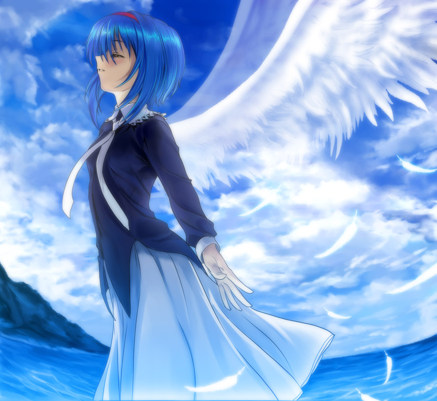 mutsuki (moonknives), nishizono mio, key (company), little busters!, 1girl, angel wings, blue hair, cloud, day, dress, feathers, female focus, hairband, ocean, outdoors, sky, solo, water, wings