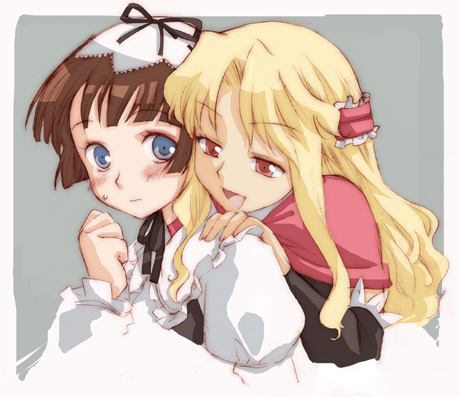 takano natsuki, january (coyote ragtime show), sep, september (coyote ragtime show), coyote ragtime show, lowres, 00s, 2girls, blonde hair, blue eyes, blush, brown hair, long hair, multiple girls, red eyes, short hair