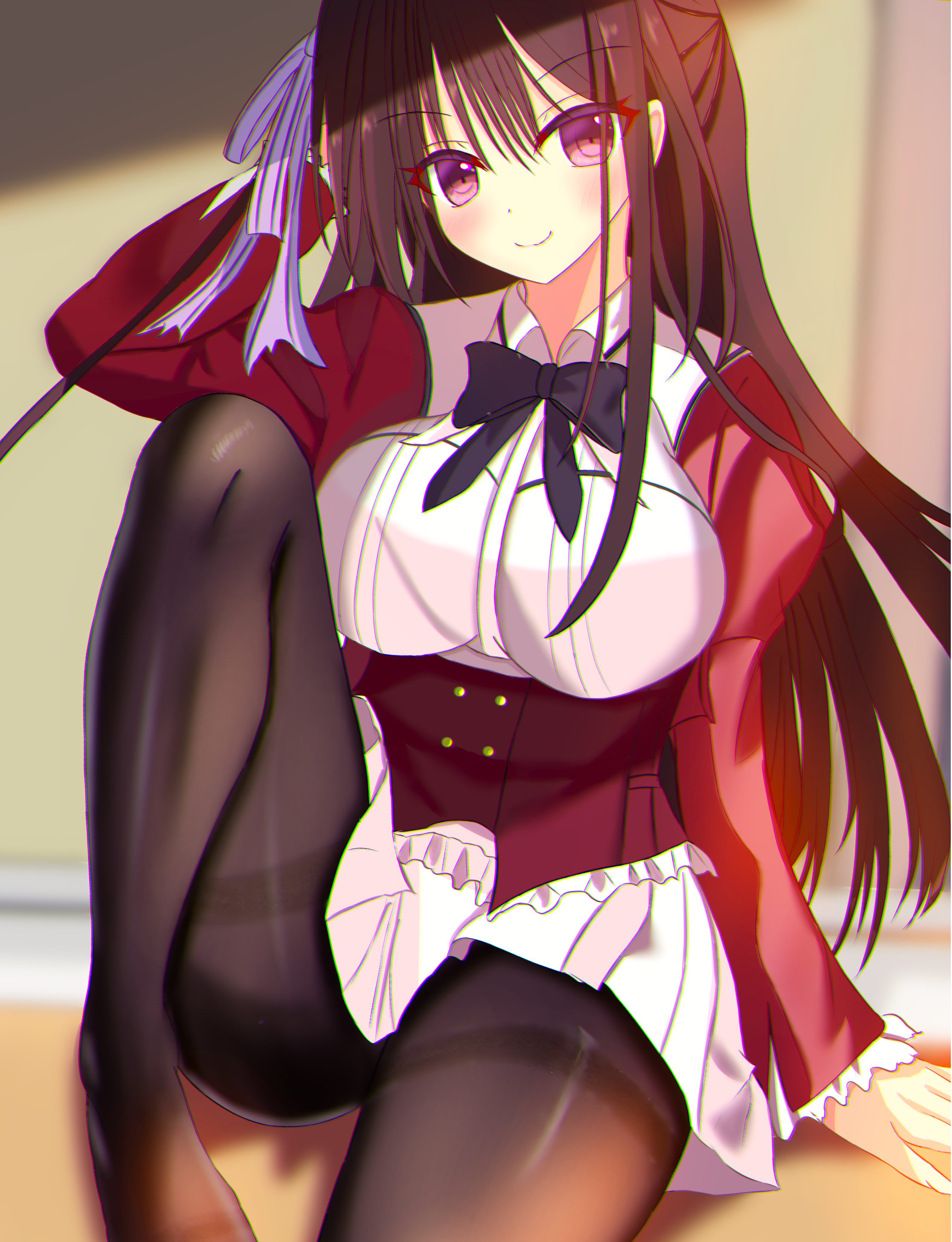 sakuratoru, rindou yaya, haruoto alice gram, absurdres, commentary request, highres, >:), 1girl, 2023, black bow, black bowtie, black hair, black pantyhose, blurry, blurry background, blush, bow, bowtie, breasts, closed mouth, collared shirt, corset, dated commentary, eyes visible through hair, floating hair, frilled sleeves, frills, hair between eyes, hair ribbon, hand up, hood, hood up, indoors, juliet sleeves, knee up, large breasts, long hair, long sleeves, looking at viewer, miniskirt, no shoes, pantyhose, pleated skirt, puffy sleeves, purple eyes, purple ribbon, red corset, red sleeves, ribbon, school uniform, shirt, skirt, smile, solo, straight hair, thighband pantyhose, thighs, v-shaped eyebrows, very long hair, white shirt, white skirt