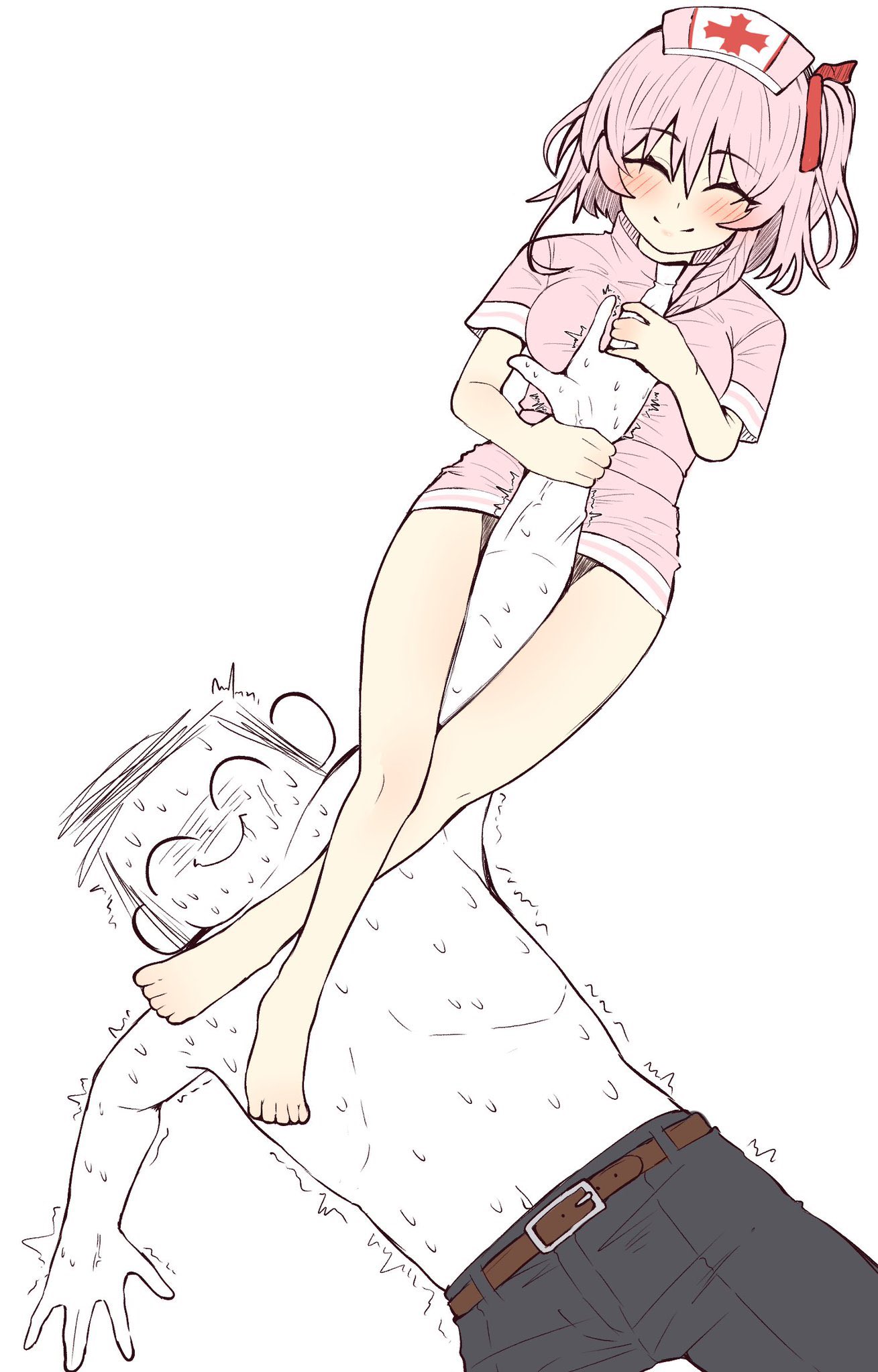 shuttisss, doodle sensei (blue archive), sensei (blue archive), serina (blue archive), serina (nurse) (blue archive), blue archive, commentary, commission, highres, 1boy, 1girl, arm between legs, bare legs, barefoot, belt, black pants, blush, breasts, closed eyes, dress, feather hair, grabbing another's arm, hair ribbon, hat, legs, nurse, nurse cap, official alternate costume, one side up, pants, pink dress, pink hair, pink hat, ribbon, short sleeves, simple background, smile, sweat, toes, topless male, trembling, white background, wrestling