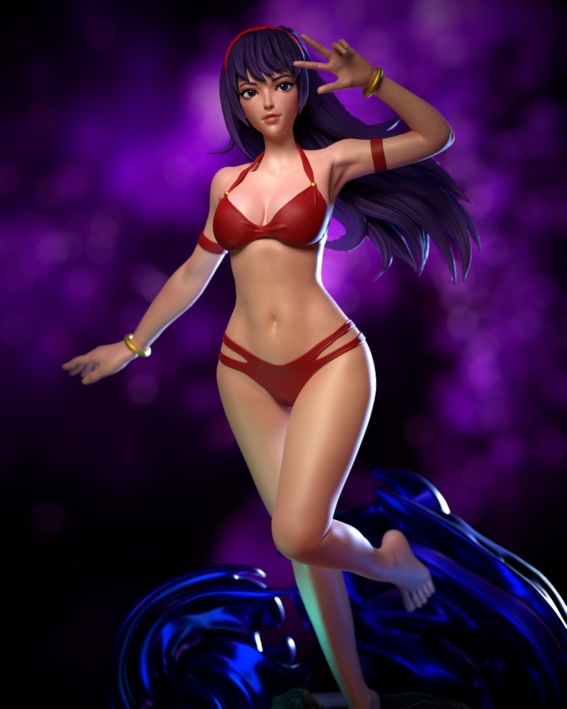asamiya athena, the king of fighters, 1girl, barefoot, bikini, breasts, cameltoe, curvy, feet, female focus, hairband, hand up, huge breasts, large breasts, long hair, pale skin, panties, purple eyes, purple hair, red bikini, standing, swimsuit, thick thighs, thighs, underwear, wide hips