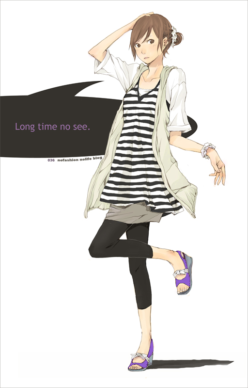 yoshito, original, 1girl, bad anatomy, bad feet, black leggings, blouse, brown eyes, brown hair, english text, feet, female focus, full body, hand on own head, leggings, long shirt, poorly drawn, purple sandals, sandals, scrunchie, shirt, solo, standing, standing on one leg, striped clothes, striped shirt, white background, wrist scrunchie