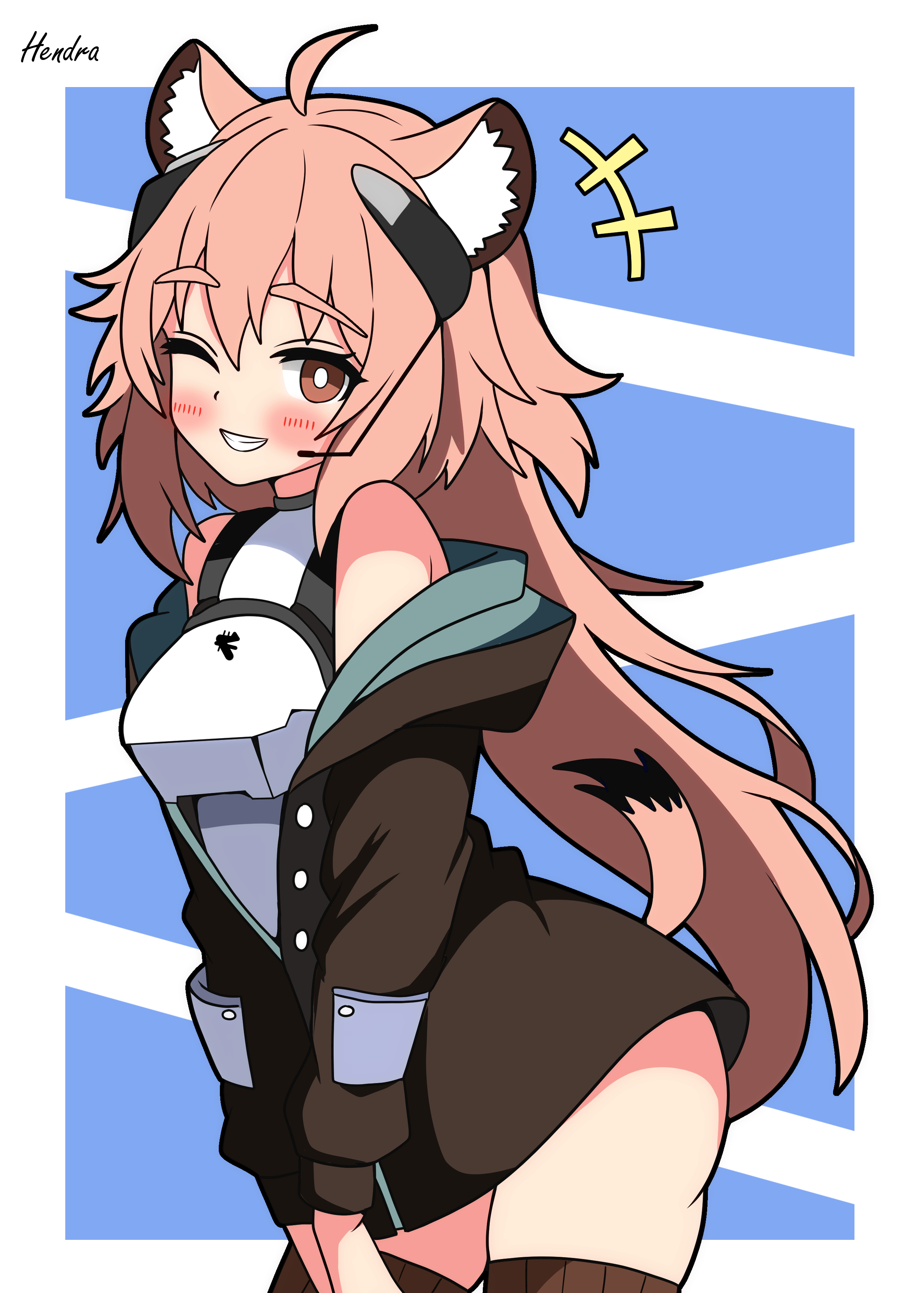 hendra, gravel (arknights), arknights, absurdres, highres, +++, 1girl, ahoge, animal ear fluff, animal ears, armor, artist name, bare shoulders, black jacket, blue background, blush, breastplate, breasts, brown eyes, cowboy shot, grin, jacket, long hair, looking at viewer, medium breasts, off shoulder, one eye closed, open clothes, open jacket, parted lips, pink hair, simple background, smile, solo, tail, teeth, thighhighs