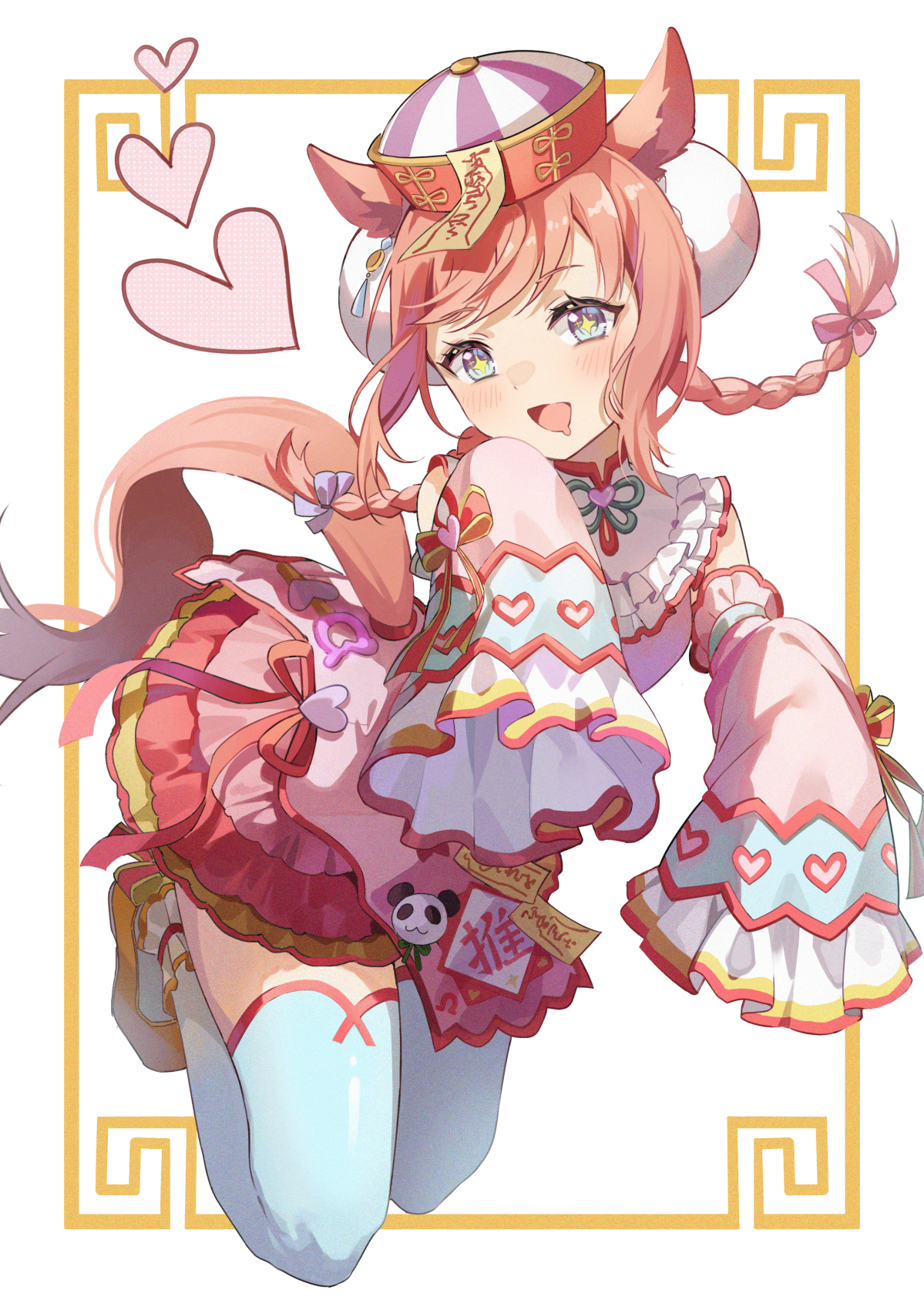 hoshiko (419401x), agnes digital (lovely jiangshi) (umamusume), agnes digital (umamusume), umamusume, commentary request, highres, + +, 1girl, :d, animal ears, blue eyes, blue thighhighs, braid, detached sleeves, double bun, drooling, full body, hair bun, hat, horse ears, horse girl, long hair, long sleeves, looking at viewer, mouth drool, official alternate costume, ofuda, open mouth, orange hair, panda ornament, qingdai guanmao, simple background, sleeves past fingers, sleeves past wrists, smile, solo, thighhighs, twin braids, white background