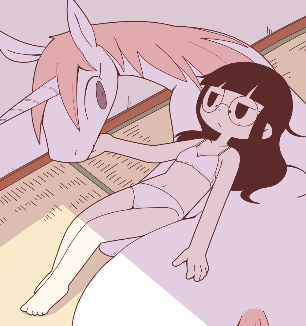 crepix, emuko (ikkakujuu wa tsuranukanai), uni (ikkakujuu wa tsuranukanai), ikkakujuu wa tsuranukanai, 1boy, 1girl, black hair, blunt bangs, bra, full body, glasses, long hair, panties, pink hair, round eyewear, underwear, unicorn, unicorn horn, white panties