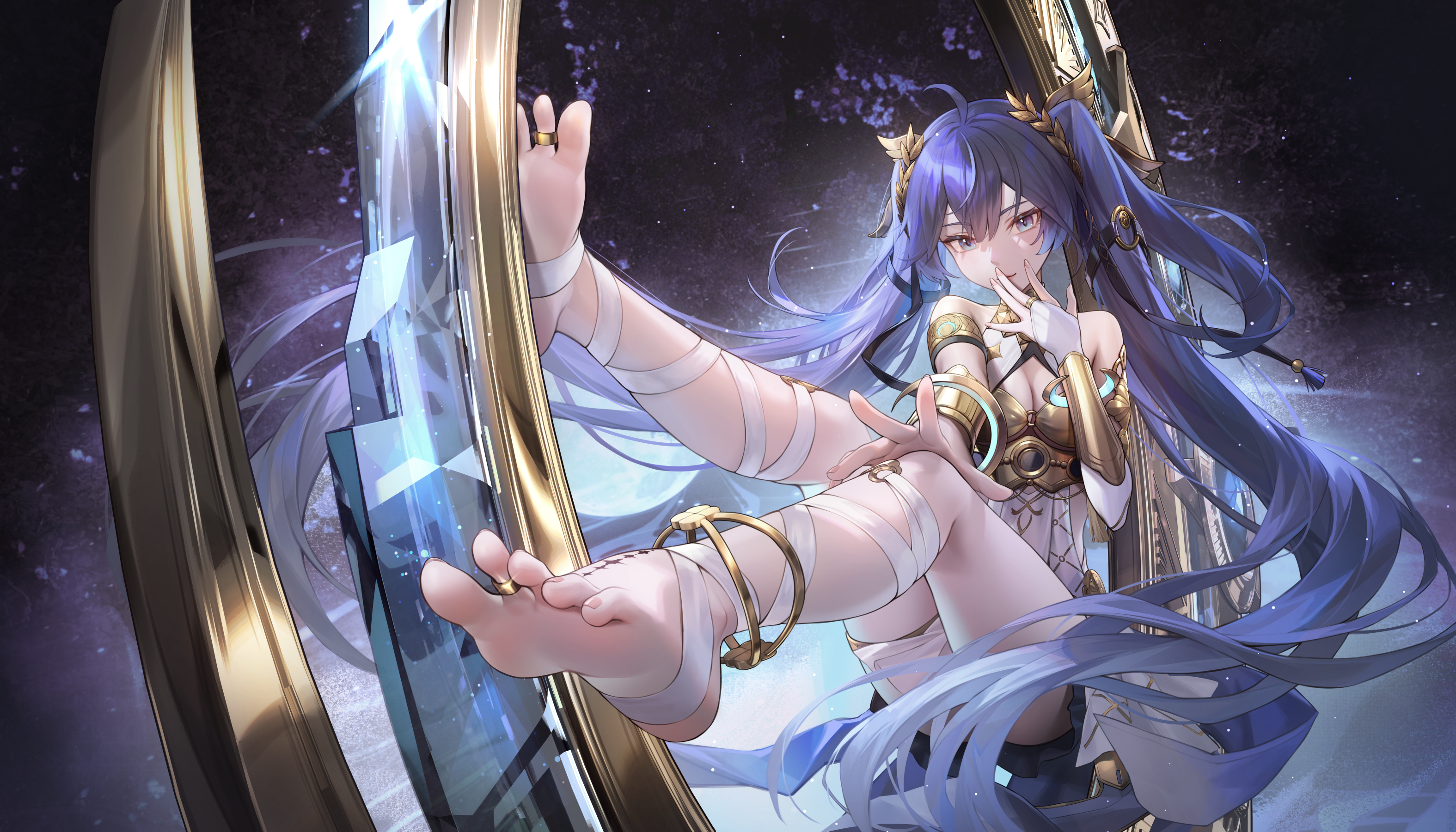 zhenli-mari, iuno (wuthering waves), wuthering waves, commentary, highres, revision, 1girl, ahoge, anklet, armlet, bare shoulders, barefoot, blue eyes, blue hair, breasts, bridal gauntlets, cleavage, feet, foreshortening, full body, gold bra, hair belt, hair between eyes, hair ornament, hand to own mouth, hand up, head wreath, jewelry, leg wrap, long hair, looking at viewer, medium breasts, outstretched arm, solo, tacet mark (wuthering waves), toe ring, toes, twintails, very long hair, white bridal gauntlets