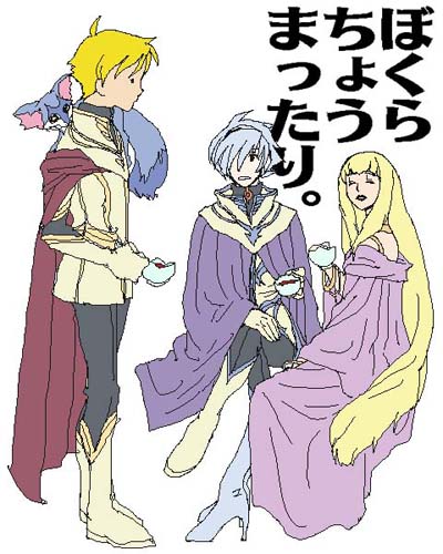 jomy marquis shin, physis, rain (nakinezumi), soldier blue, toward the terra, uniform, lowres, translated, 1girl, 2boys, ^ ^, blonde hair, boots, bracelet, cape, closed eyes, crossed legs, cup, dress, gloves, jewelry, lips, monster, multiple boys, on shoulder, parted lips, purple dress, sitting, smile, standing, tea, teacup