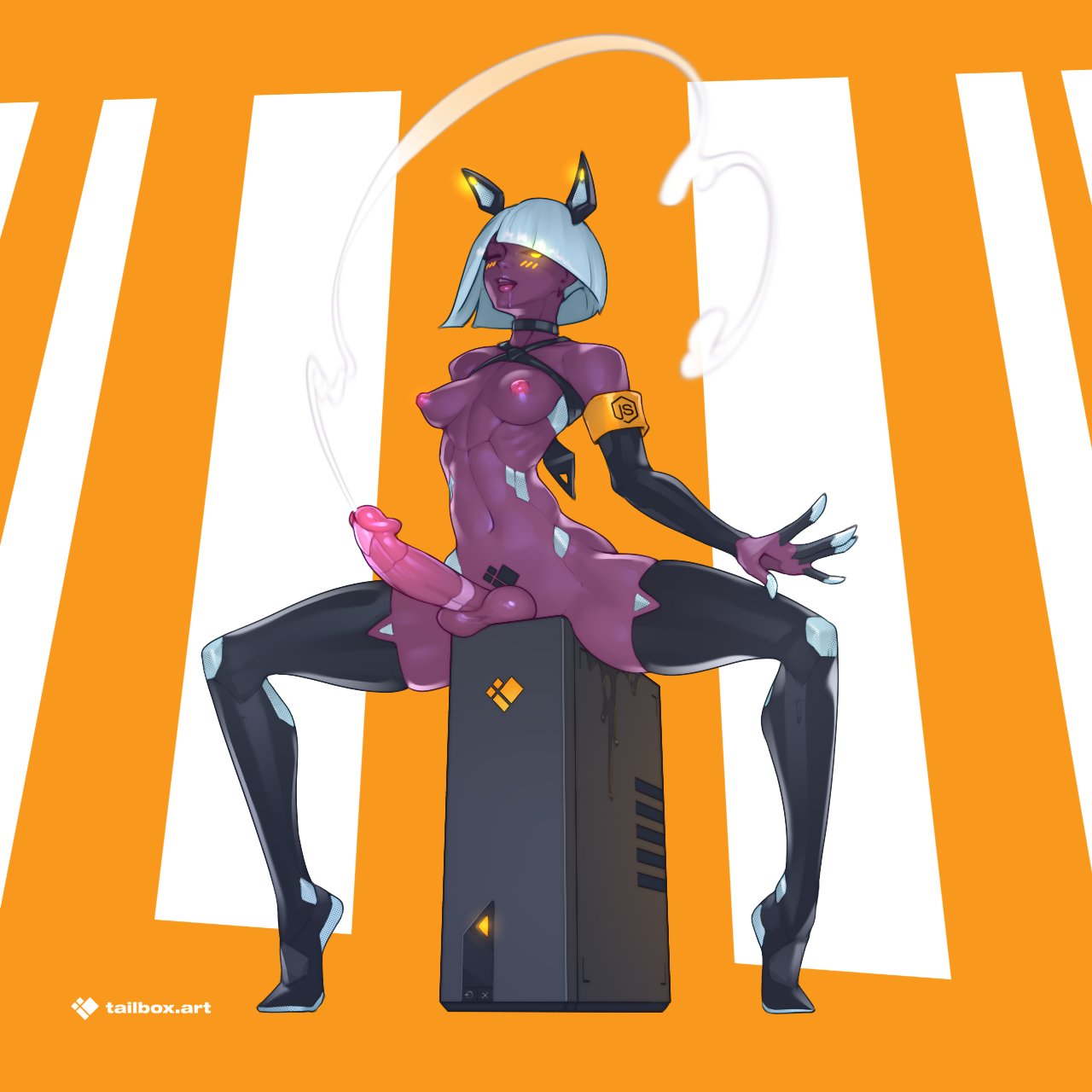 tailbox, original, highres, 1girl, artist logo, black thighhighs, breasts, colored skin, computer, computer tower, cum, cum string, dark skin, ejaculation, erection, full body, futanari, glowing, glowing penis, javascript, large penis, logo, navel, one eye closed, open mouth, orange background, penis, purple skin, robot ears, short hair, small breasts, solo, testicles, thighhighs, white hair, yellow eyes