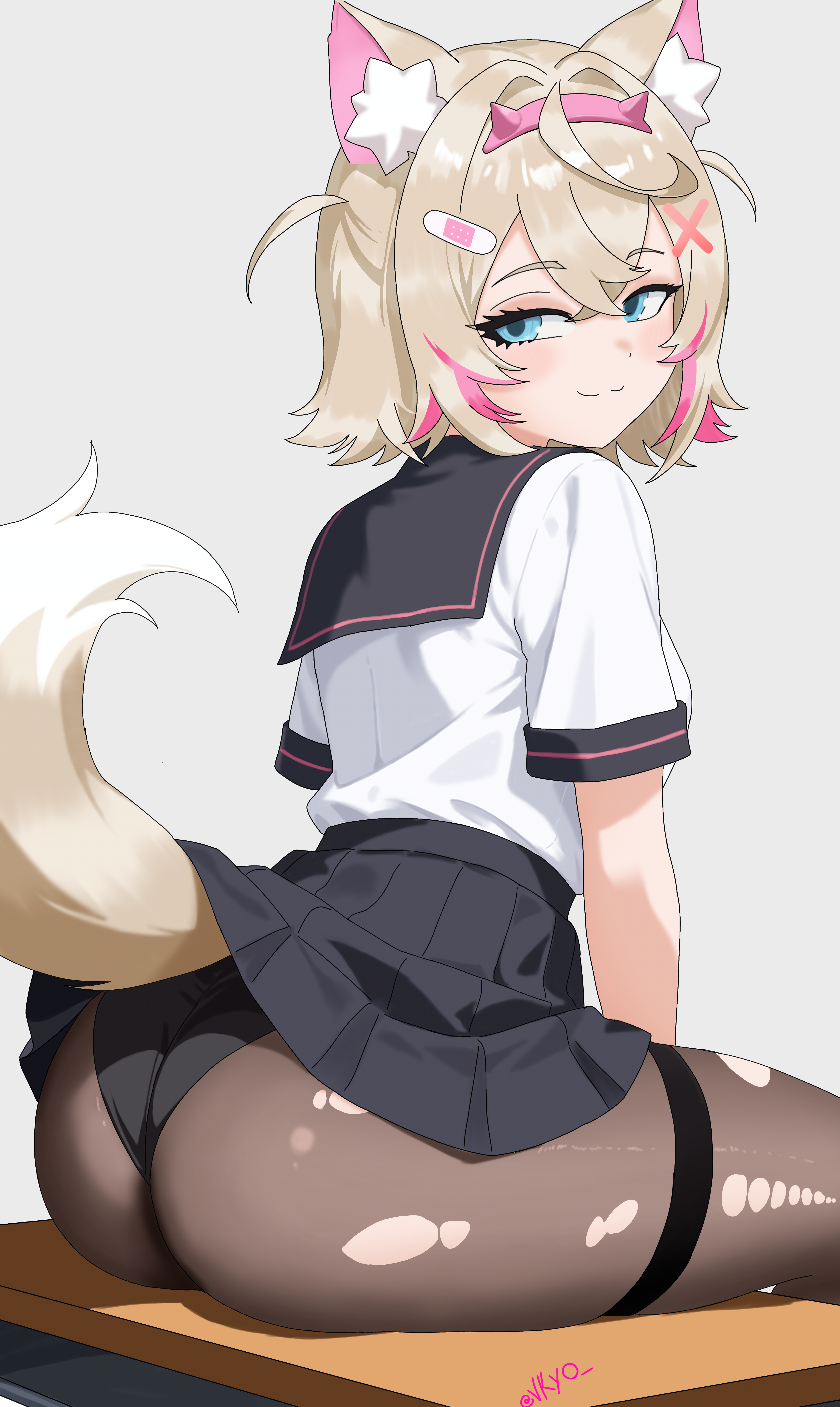 vkyo, mococo abyssgard, hololive, hololive english, absurdres, highres, 1girl, animal ears, ass, bandaid, bandaid hair ornament, black panties, black pantyhose, black sailor collar, black skirt, blonde hair, blue eyes, closed mouth, desk, dog ears, dog girl, dog tail, grey background, hair ornament, on desk, panties, pantyhose, pink streaks, sailor collar, school desk, school uniform, serafuku, simple background, sitting, skirt, solo, tail, torn clothes, torn pantyhose, underwear, virtual youtuber, x hair ornament