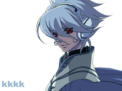 soldier blue, toward the terra, lowres, 1boy, albino, bishounen, cape, headphones, male focus, red eyes, simple background, solo