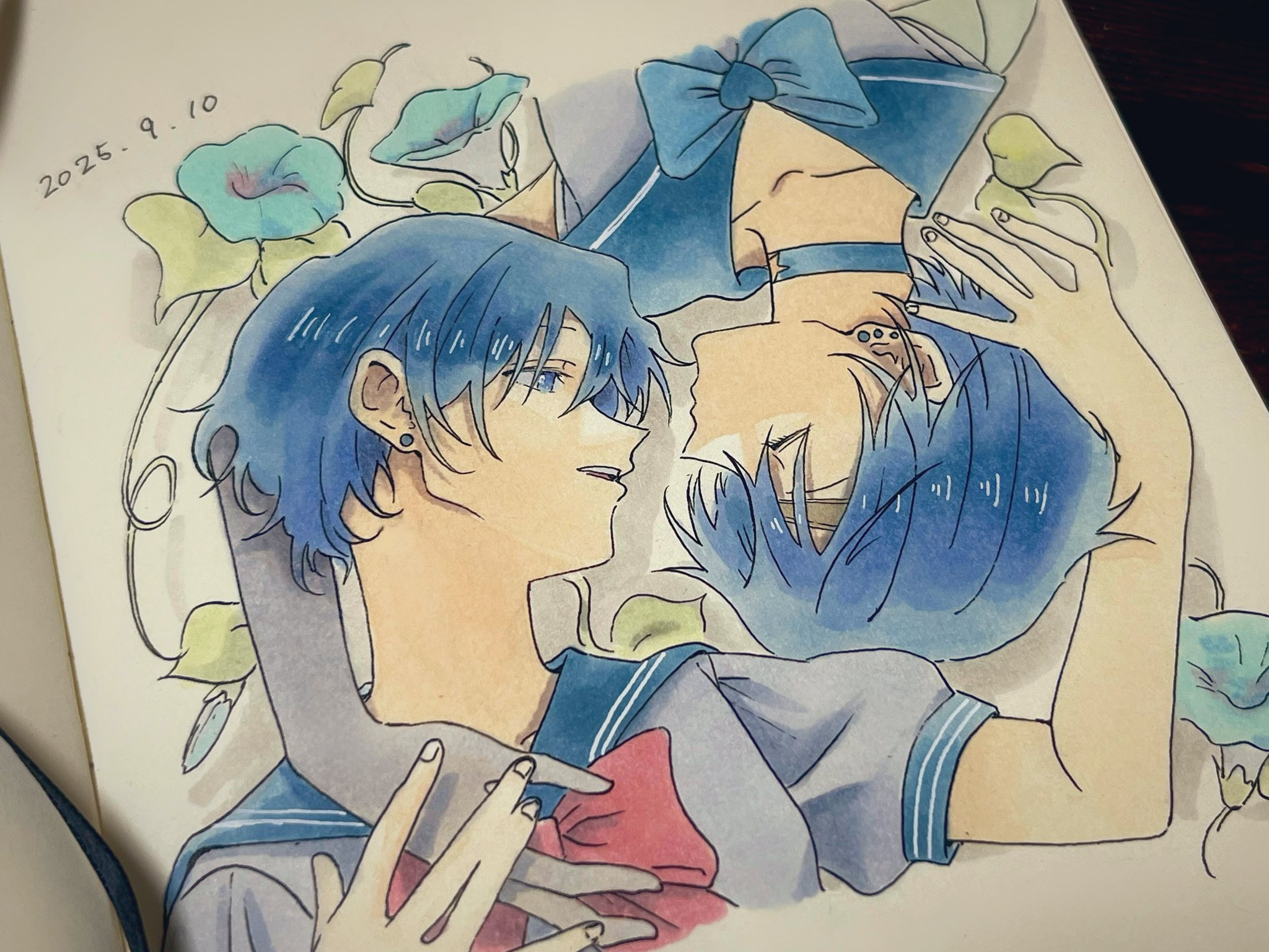 aribezi, sailor mercury, super sailor mercury, bishoujo senshi sailor moon, bishoujo senshi sailor moon supers, highres, blue choker, blue eyes, blue hair, blue sailor collar, bow, choker, closed eyes, dated, dual persona, earrings, elbow gloves, flower, gloves, jewelry, juuban middle school uniform, looking at another, morning glory, red bow, sailor collar, sailor senshi uniform, school uniform, serafuku, shirt, short hair, smile, star (symbol), star choker, stud earrings, white gloves, white shirt