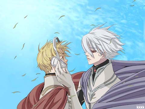jomy marquis shin, soldier blue, toward the terra, lowres, 2boys, albino, blonde hair, cape, gloves, gradient background, headphones, male focus, multiple boys, upper body, white hair