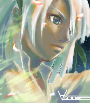 loran cehack, gundam, turn a gundam, lowres, 1boy, blue eyes, dark-skinned male, dark skin, hair over one eye, male focus, solo, white hair