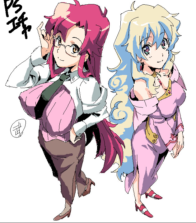 takeda hiromitsu, nia teppelin, yoko littner, yomako, tengen toppa gurren lagann, 00s, 2girls, aged up, alternate hairstyle, breasts, glasses, hair down, large breasts, long hair, multiple girls, oekaki, red hair, very long hair, yellow eyes