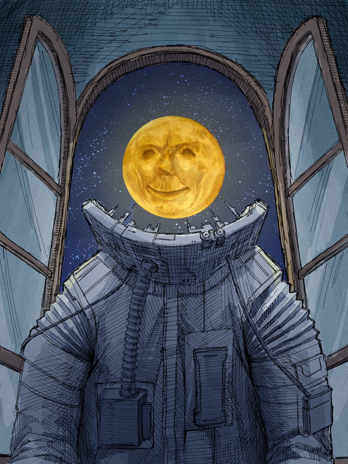 original, highres, 1boy, astronaut, crosshatching, full moon, glowing, hatching (texture), headless, kamikairo, male focus, moon, night, object head, open window, sky, smile, solo, spacesuit, star (sky), starry sky, surreal, upper body, window