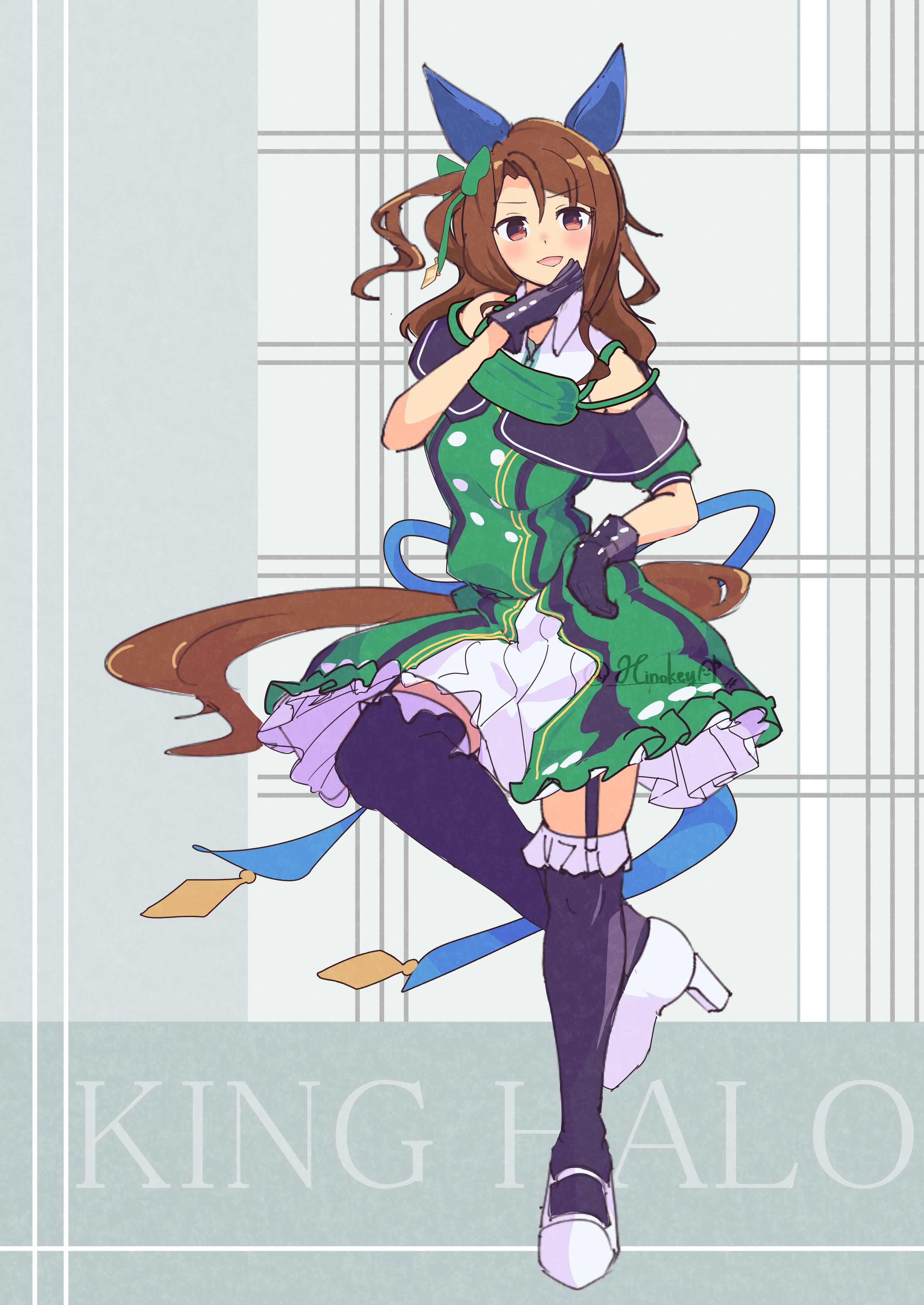 hinokey (hinokey0126), king halo (umamusume), umamusume, absurdres, highres, 1girl, animal ears, black gloves, blush, bow, breasts, brown hair, dress, ear bow, ear covers, ear ribbon, garter straps, gloves, green bow, green dress, horse ears, horse girl, horse tail, king halo (king of emeralds) (umamusume), long hair, looking at viewer, open mouth, purple thighhighs, red eyes, shoes, smile, solo, tail, thighhighs