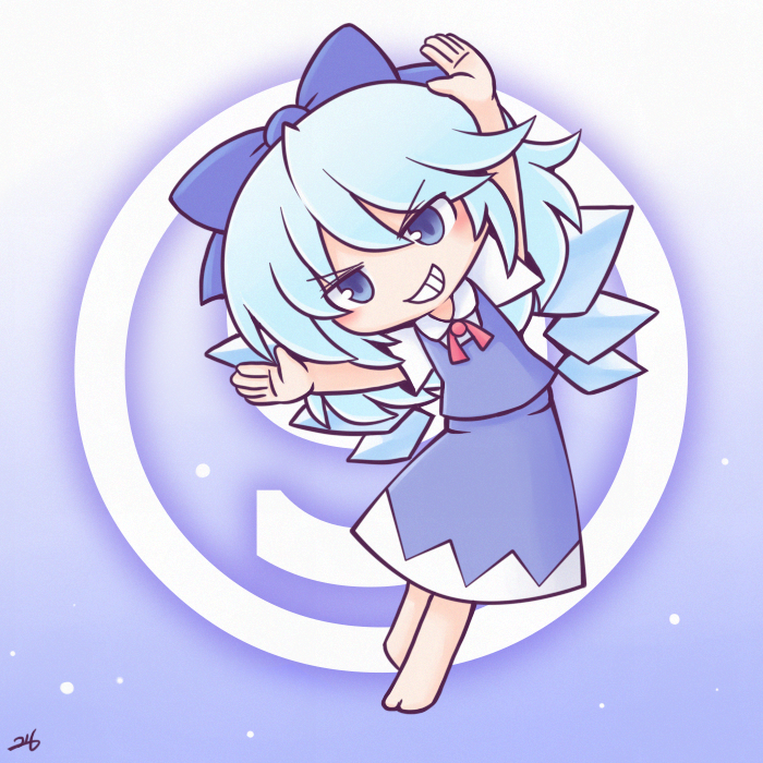 216, cirno, touhou, 1girl, blue bow, blue dress, blue eyes, blue hair, bow, circled 9, cirno day, detached wings, dress, hair bow, ice, ice wings, neck ribbon, open mouth, pinafore dress, puffy short sleeves, puffy sleeves, red ribbon, ribbon, shirt, short hair, short sleeves, sleeveless, sleeveless dress, smile, solo, white shirt, wings