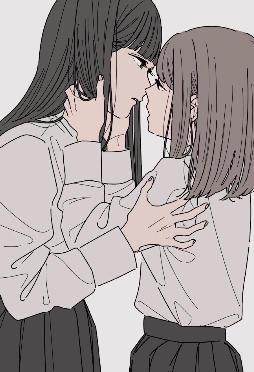 kamatama rom, original, highres, 2girls, black hair, black skirt, eye contact, grey hair, imminent kiss, long hair, looking at another, medium hair, multiple girls, open mouth, pleated skirt, school uniform, shirt, simple background, skirt, white background, white shirt, yuri