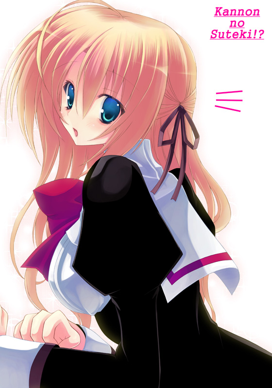 kannon ouji, itsukushima takako, otome wa boku ni koishiteru, 00s, 1girl, :o, blonde hair, blue eyes, bow, female focus, half updo, looking back, puffy sleeves, sailor collar, school uniform, solo