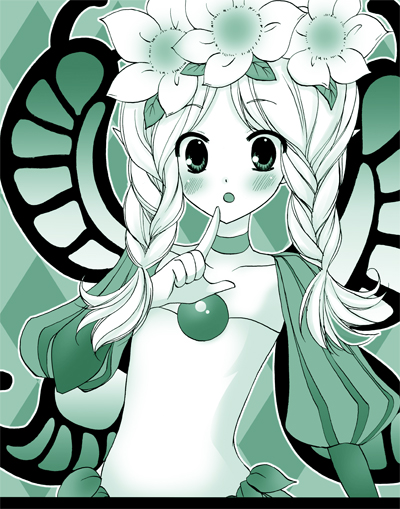 mika mikan, mercedes (odin sphere), odin sphere, 1girl, braid, choker, female focus, flower, green theme, hair flower, hair ornament, long hair, monochrome, pointy ears, puff and slash sleeves, puffy sleeves, solo, twin braids