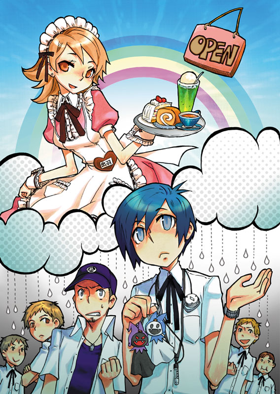 black frost, iori junpei, jack frost (megami tensei), takeba yukari, yuuki makoto (persona 3), atlus, persona, persona 3, 1girl, 6+boys, apron, brown hair, cake, character doll, cloud, dessert, doll, dress, drink, food, ice cream, maid, maid apron, multiple boys, rain, rainbow, ribbon, short hair