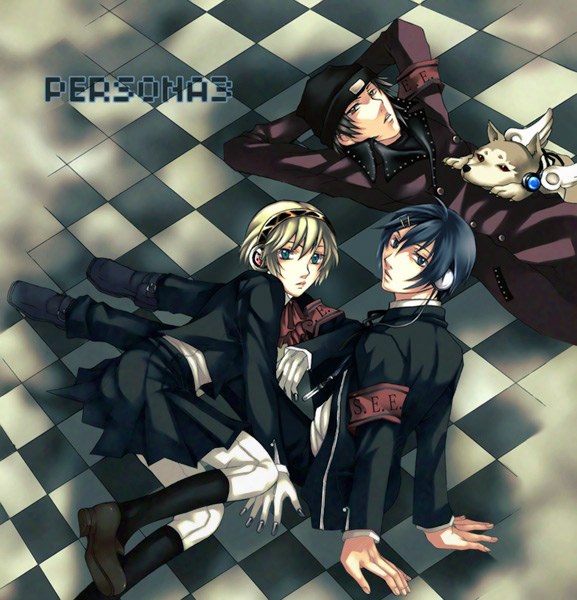 aigis (persona), aragaki shinjirou, koromaru (persona), yuuki makoto (persona 3), atlus, persona, persona 3, 1girl, 2boys, animal, armband, beanie, blonde hair, blue eyes, blue hair, dog, hat, headphones, korochan, multiple boys