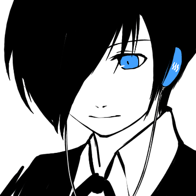 yuuki makoto (persona 3), atlus, persona, persona 3, lowres, 1boy, blue eyes, hair over one eye, headphones, male focus, monochrome, school uniform, serafuku, simple background, solo, spot color, white background