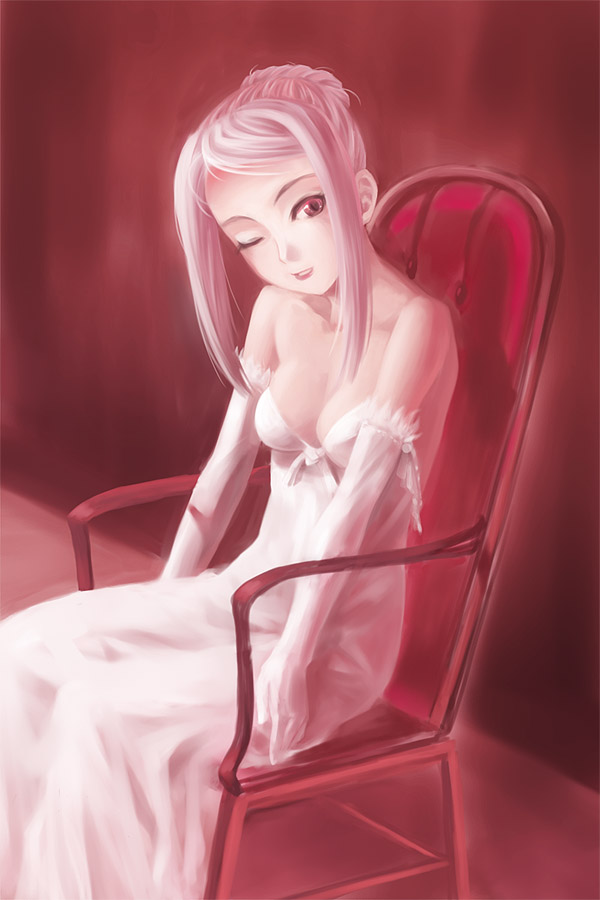 oyamada musshu, 1girl, bare shoulders, breasts, chair, cleavage, dress, elbow gloves, female focus, gloves, red eyes, sitting, small breasts, smile, solo, strapless, strapless dress, wink