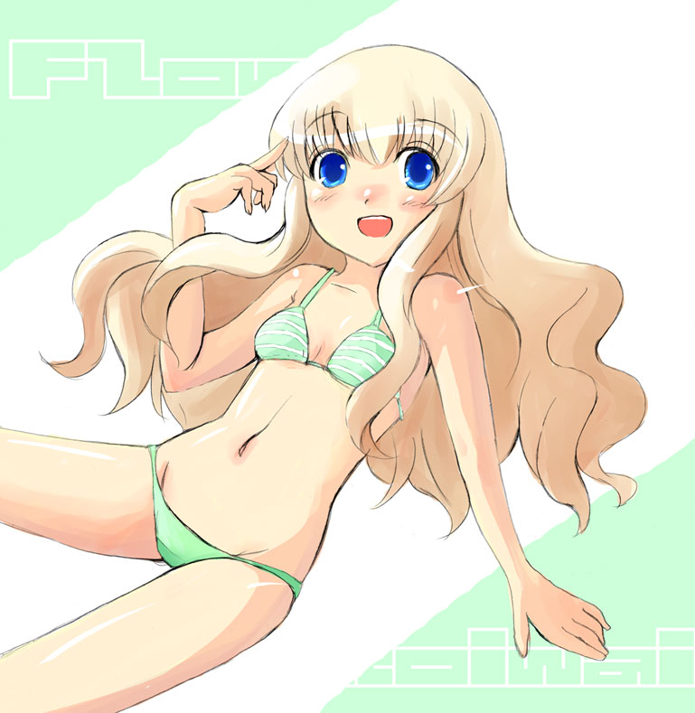 sechisu, original, 1girl, bikini, blonde hair, blue eyes, blush, female focus, green bikini, long hair, navel, open mouth, solo, striped bikini, striped clothes, swimsuit