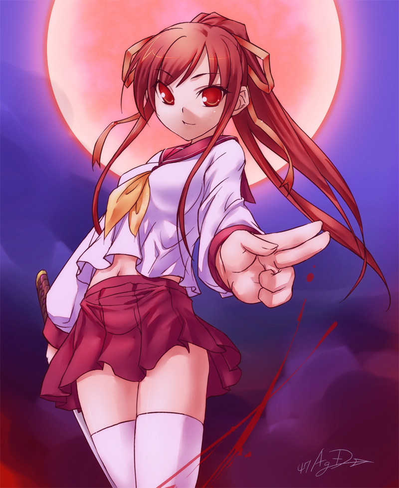 47agdragon, original, full moon, moon, navel, red moon, school uniform, serafuku, solo, sword, thighhighs, weapon, zettai ryouiki
