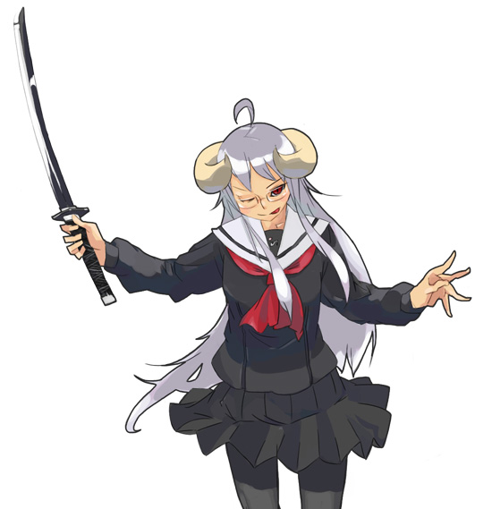 fgz, original, glasses, horns, katana, pantyhose, school uniform, serafuku, solo, sword, weapon