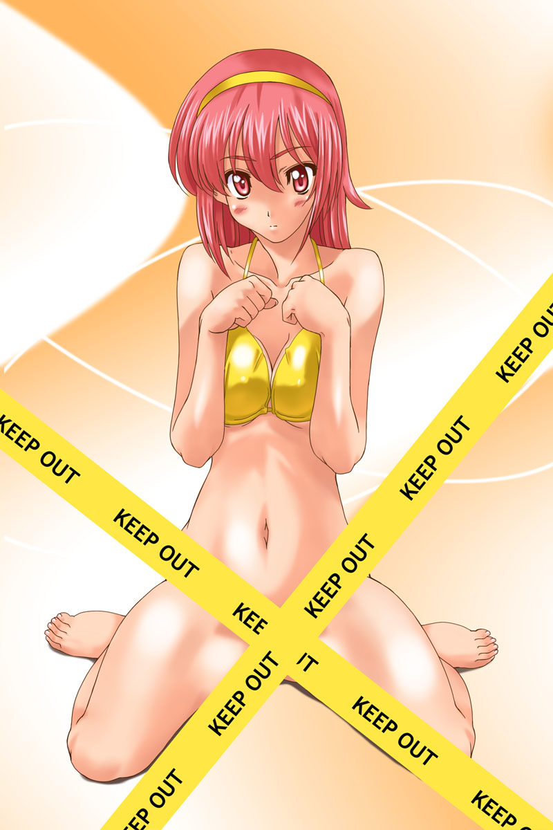 kamia (not found), kasuga aya, original, highres, 1girl, barefoot, bikini, blush, bottomless, breasts, breasts squeezed together, caution tape, censored, feet, female focus, keep out, navel, pink eyes, pink hair, solo, swimsuit, yellow bikini